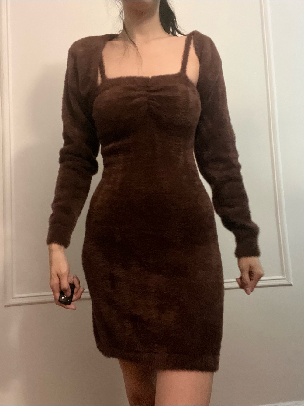 Fuzzy Mini Dress & Shrug Sweater Set - Chocolate